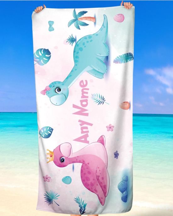 Girl Dino Kids Beach Towel – Custom Name Personalised Design