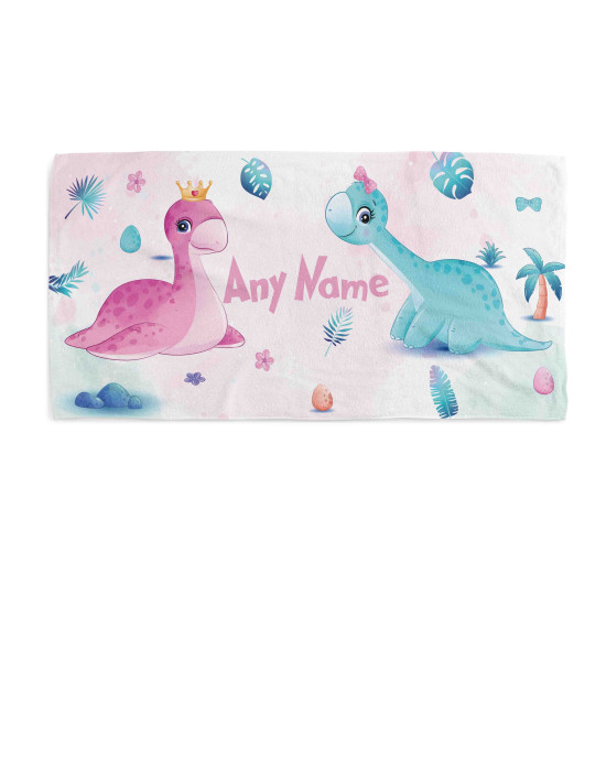 Girl Dino Kids Beach Towel – Custom Name Personalised Design