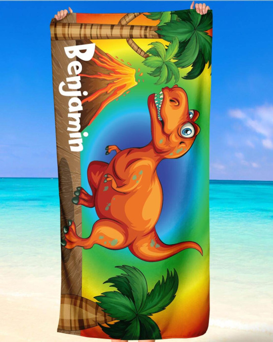 Personalized Dinosaur Dino T-Rex Kids Custom Name Beach Towel 