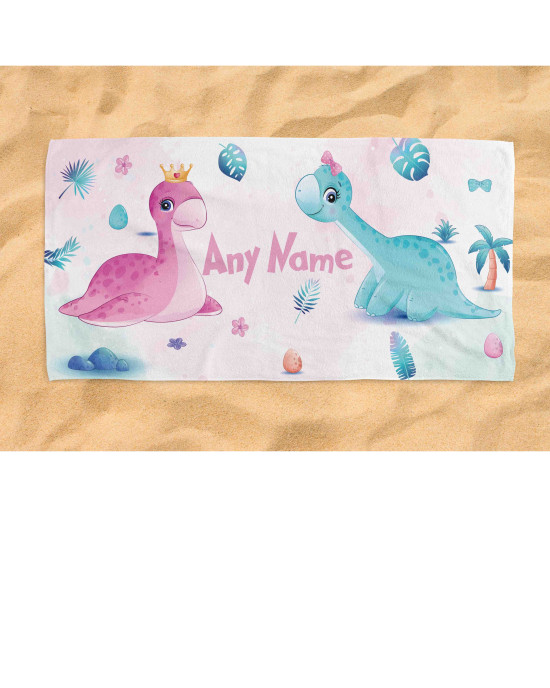 Girl Dino Kids Beach Towel – Custom Name Personalised Design