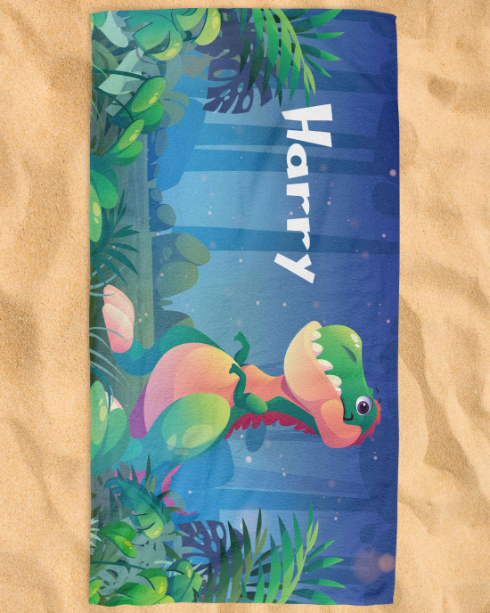 Personalized Dinosaur Dino T-Rex Kids Custom Name Beach Towel Microfiber & Cotton