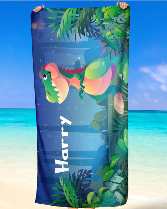 Personalized Dinosaur Dino T-Rex Kids Custom Name Beach Towel Microfiber & Cotton