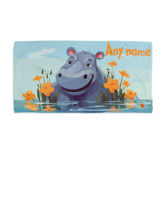 Kids Hippo Beach Towel Personalised Design with Custom Name Boys & Girls