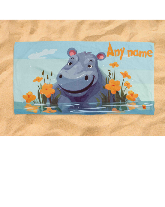 Kids Hippo Beach Towel Personalised Design with Custom Name Boys & Girls