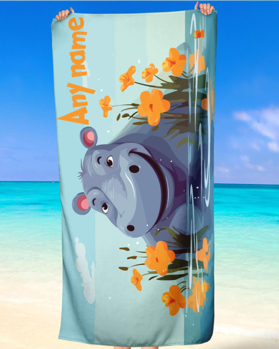 Kids Hippo Beach Towel Personalised Design with Custom Name Boys & Girls