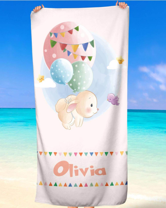 Personalized Baby Custom Name Beach Towel - Rabbit Edition