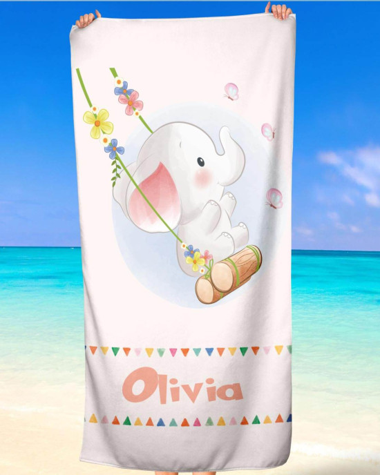 Personalized Baby Custom Name Beach Towel Elephant on a Swing