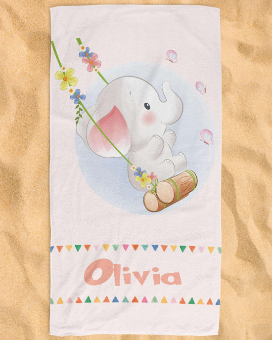 Personalized Baby Custom Name Beach Towel Elephant on a Swing