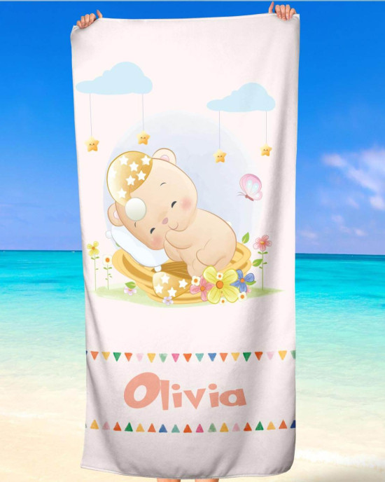 Personalized Baby Custom Name Beach Towel - Bear Edition Microfiber and Cotton