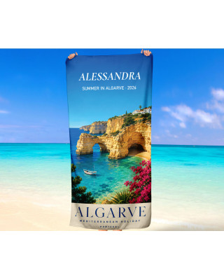 Personalised Algarve Beach Towel with Name and Year Mediterranean Portugal Holiday Towel